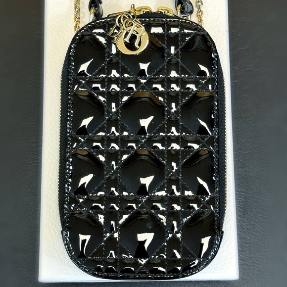 Lady Dior Call'in Dior Phone Holder Crossbody Black Patent Cannage Calfskin phon - Picture 1 of 13
